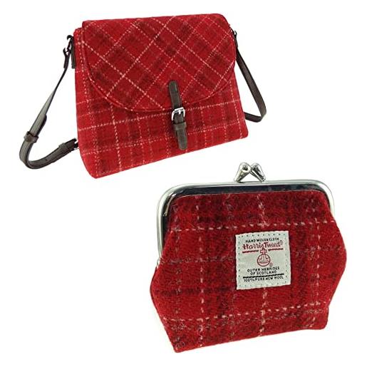 Glasgow Kilt Company glen appin - borsa a tracolla da donna harris tweed torridon con chiusura piccola eigg coordinata, set regalo con borsa a tracolla e borsa - motivo scozzese, a quadretti rossi. 