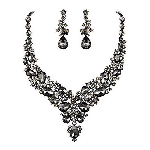 Clearine set di gioielli da donna per matrimonio con gocce di cristallo e strass, set di gioielli con collana e orecchini color argento, lega di acciaio