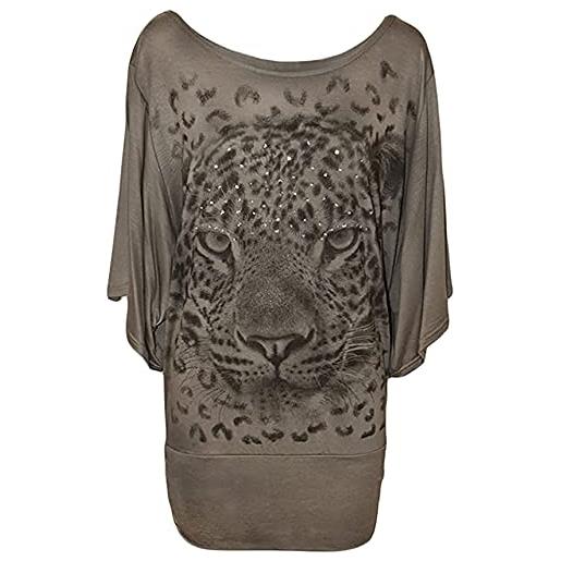 FAIRY TRENDZ LTD maglietta da donna con scollo rotondo e maniche a pipistrello, con stampa tigre, con paillettes e paillettes, caff, 22-24
