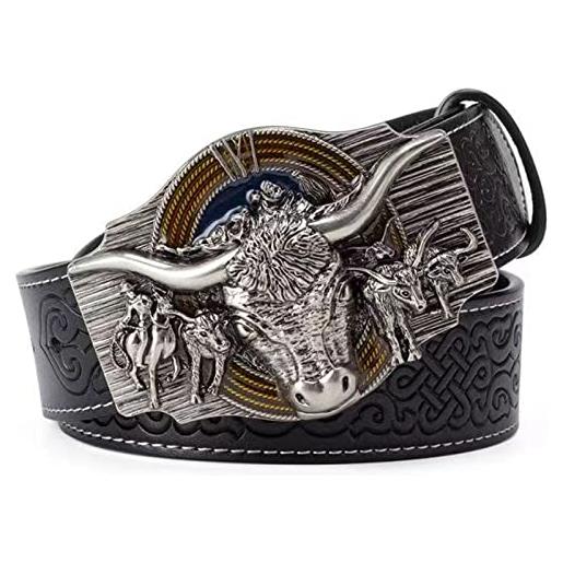 WRJAHCG cintura western per cowboy, cintura da cowboy western vintage da rodeo con corno lungo, silver black, 120cm/47.3''