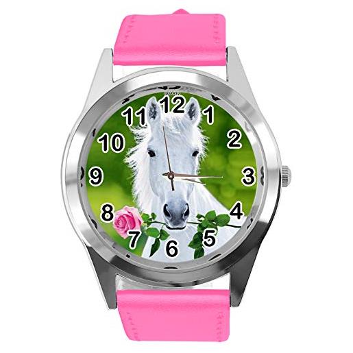 Taport, orologio rotondo in pelle rosa caldo per gli appassionati di cavalli e3