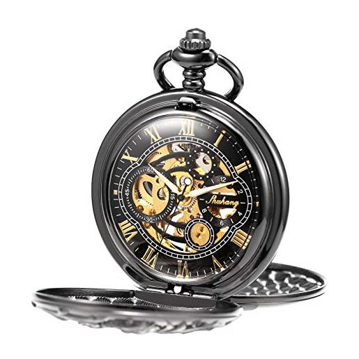 TREEWETO - orologio da tasca unisex, con catena, analogico, caricamento a mano, doppia cerniera, scheletrato, design con drago, antico, nero
