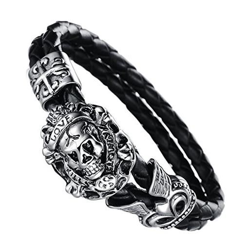 JewelryWe gioielli bracciale da uomo donna acciaio inossidabile pelle amore argento nero teschio gotico croce compleanno regalo (con regalo borsa)