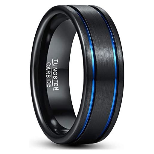 TUNGSTORY anello nero per uomo 8mm fede nuziale con scanalature blu anelli di tungsteno bicolore finitura spazzolata taglia 22.5