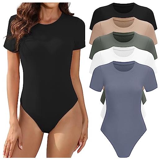 MLYENX confezione da 5 body da donna a maniche corte con scollo rotondo, casual, elasticizzate, maglietta basic, confezione da 5: nero, bianco, verde oliva, nudo, blu scuro, medium