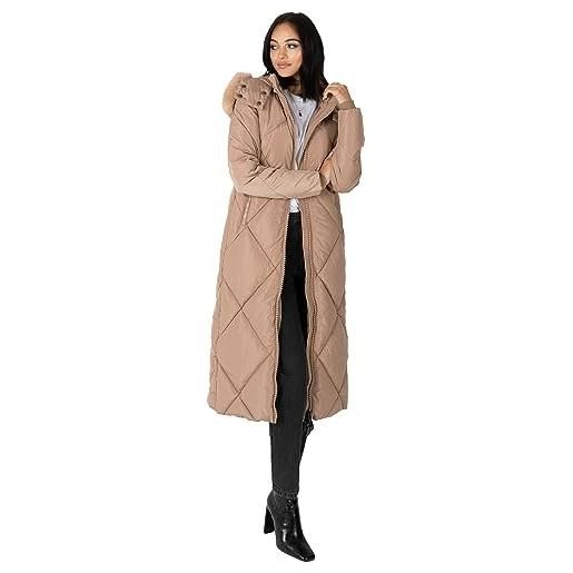 Lovedrobe women's winter jacket ladies coat puffer removable faux fur hood pockets quilted padded longline puffa outerwear, cappotto donna, mink, 