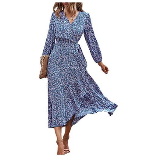 Minetom abito casual donna a maniche lunghe scollo a v boho floreale abiti vestito sciolto a volant svasato con cintura a blu s