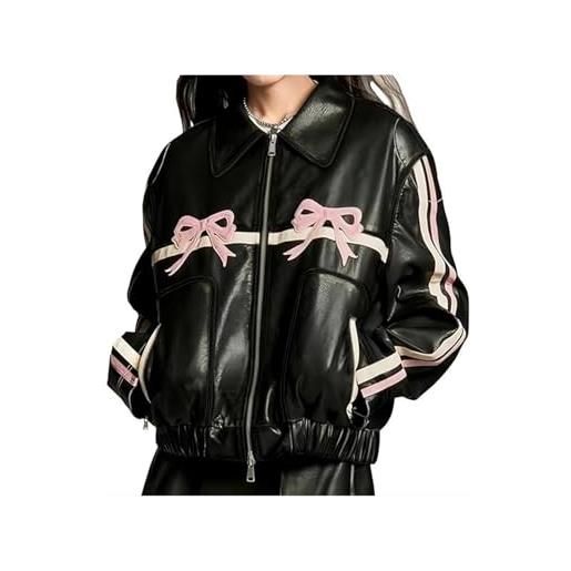 LinZong women's bow leather jacket, zipper polo-neck sweet cool coat, oversized vintage black biker jacket street style tops (l, pink)
