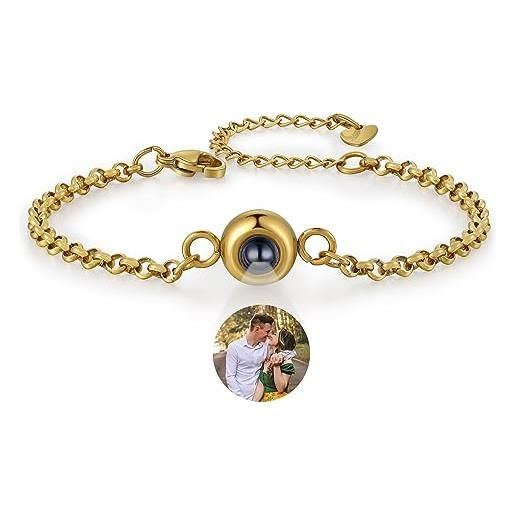 lorajewel braccialetto personalizzato con foto proiettate di coppia bracciale in argento e oro rosa con amore festa della mamma festa del papà gioielli di natale (oro)