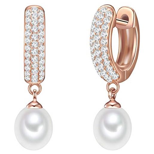Valero Pearls orecchini a cerchio da donna, in argento sterling 925, placcato oro rosa, perle coltivate d'acqua dolce, colore bianco, con perle d'acqua dolce, argento, zirconia cubica