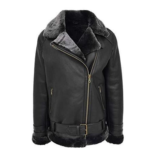 A1 FASHION GOODS giacca da donna in vera pelle di pecora nera x-zip aviator con cintura double face shearling - willow, nero, 46