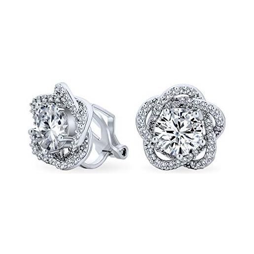 Bling Jewelry bridal cubic zirconia pave twist halo aaa cz 3d flower rose clip on earrings for women mother wedding prom formal holiday party non pierced ears argento placcato