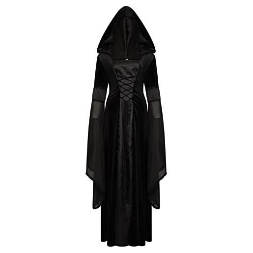 Ro Rox lucinda abito medievale con cappuccio manica lunga sexy maxi rinascimento tunica gotica, nero, m