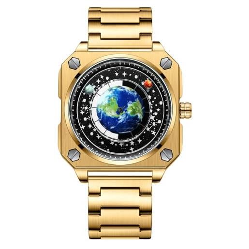 RORIOS uomo creativo orologi unico pointer orologio da polso analogico quarzo quadrato orologio terra quadrante orologio fashion design per gli uomini oro nero a