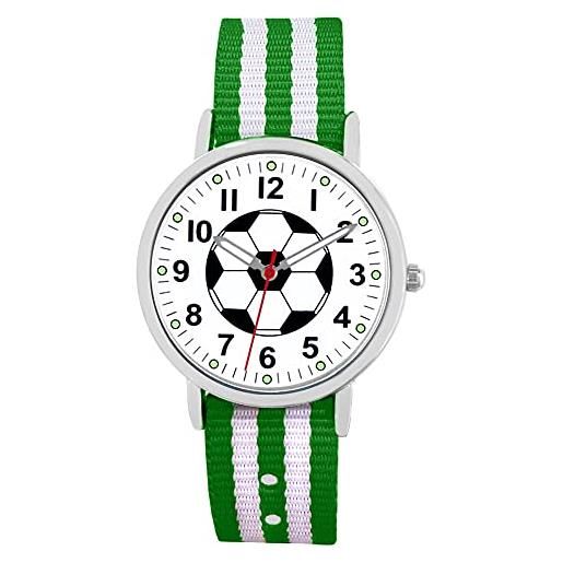 Pacific Time orologio da polso per bambini, con lancette di calcio che si illuminano al buio, cinturino in tessuto, verde, bianco, analogico, al quarzo, 86721