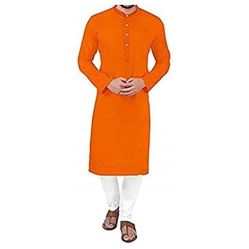 Generic tfgo orange kurta & white pajama set di abiti da sposa per uomo, abbigliamento tradizionale indiano kurta lungo cotone abito da uomo pigiama partito, pigiama kurta arancione e bianco, xl