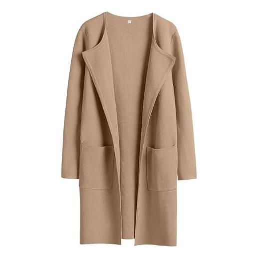 LinZong lapel classy coatigan with pockets, long dressy cardigan sweaters winter knit casual solid jacket coats (l, cachi)