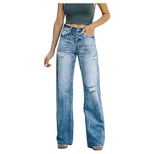 Generic baggy jeans da donna a vita alta, jeans strappati, rotti, lavati, elasticizzati, con gamba dritta, in denim tinta unita, elasticizzati, a vita alta, 10262-blu, l