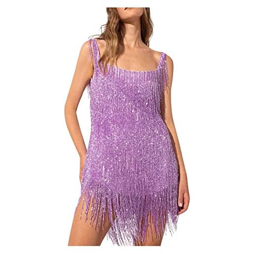 BOTCAM abito da festa da donna con brillantini, lunghezza al ginocchio, abito da ballo latino, colorato, con paillettes, anni '20, con frange, con glitter, lilla 3, l