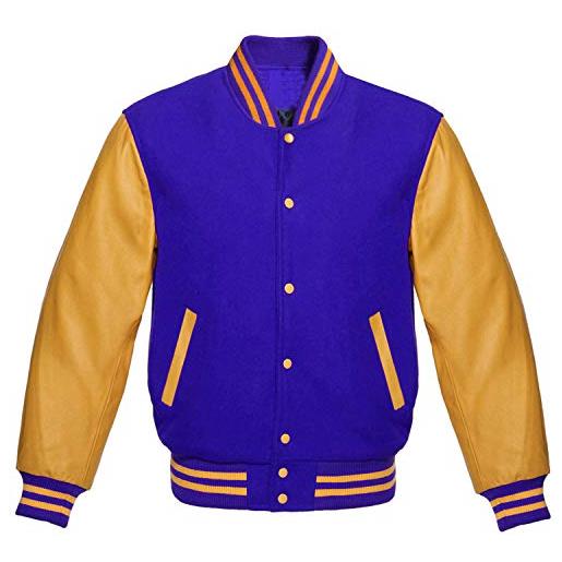 Fashion_First giacca da uomo varsity bomber - vintage college baseball high school nero letterman jacket - university top, blu reale e oro, m