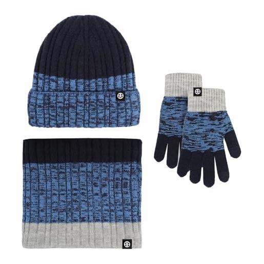 CarXs chroma - set da 3 pezzi composto da cappello + scaldacollo + guanti touch screen in lana di alpaca, antivento, sciarpa, guanti, per donne e uomini, blu, taglia unica