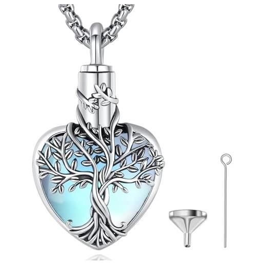 EUDORA Harmony Ball collana con urna dell'albero della vita da donna in argento sterling 925 con ciondolo albero della vita a cuore in pietra di luna per le ceneri, regalo per la cremazione, 22