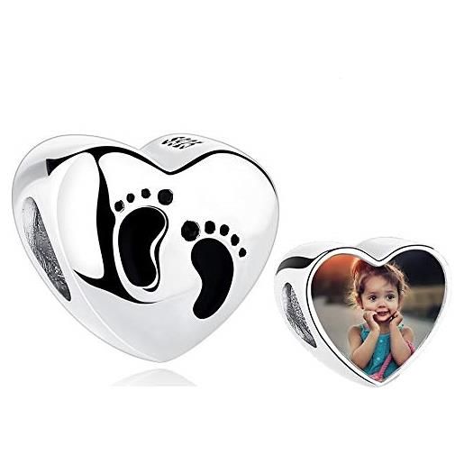 Gaosh donna cuore forma ciondolo charms bead argento foto personalizzata per bracciale per la madre regalo per il compleanno dell'anniversario del ringraziamento di natale (baby foot, argento)