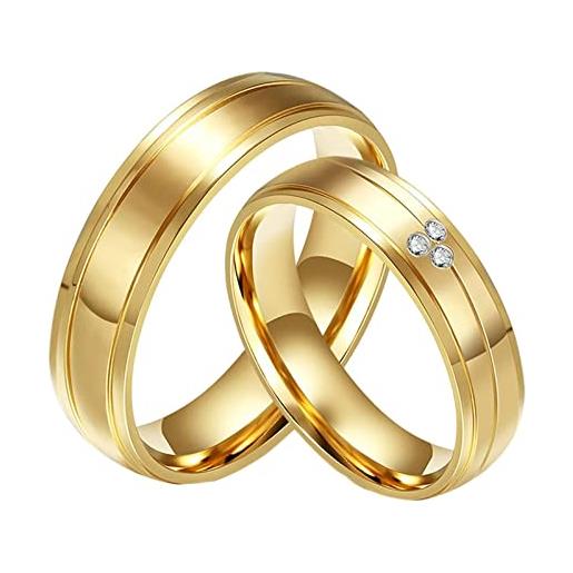 ANAZOZ anelli in acciaio inossidabile coppia, anelli coppia con incisione fedine coppia fidanzamento oro anello con 6mm rotondo zirconia cubica bianca taglia donna 12(52mm) + uomo 22(62mm)