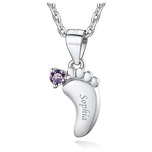 Custom4U collana con piedi bambino tridimensionale pietra portafortuna in argento s925 1-5 nomi inciso catena regolabile 45+5 cm aaa cubic zirconia birthstone 12 mesi collana da donna