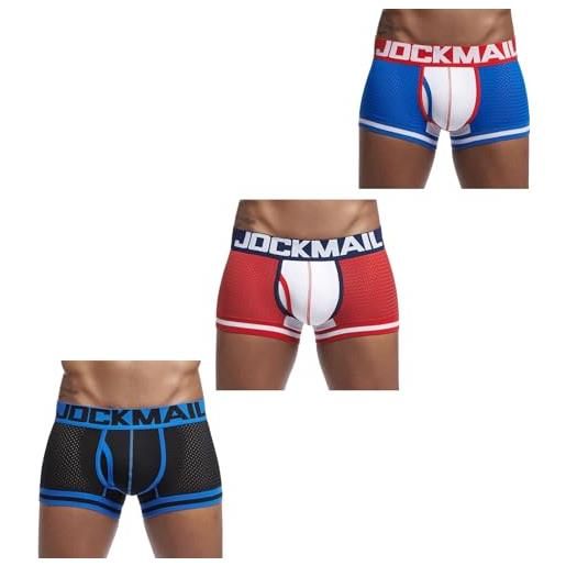 JOCKMAIL boxer da uomo in rete, boxer da uomo, per prestazioni sportive, a gamba corta, rosso+nero+blu, xx-large