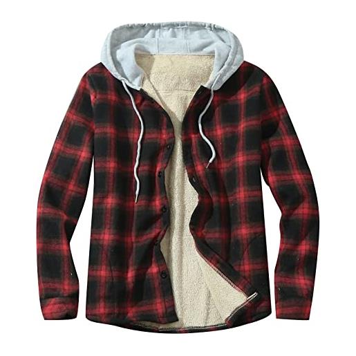 Beokeuioe camicia termica da uomo, a quadri, foderata, con cerniera, in flanella, con cappuccio, per il tempo libero, b rosso. , xl