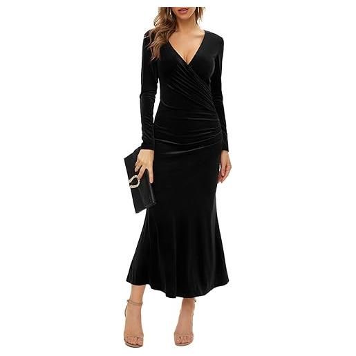 IMEKIS abito da donna in velluto di natale, a maniche lunghe, con scollo a v, abito da sera, elegante, per matrimoni, feste, per l'autunno e l'inverno, nero , s