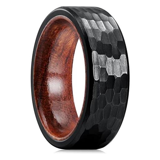 King Will nature - anello in titanio nero da 8 mm con intarsio in legno, per fede nuziale martellata da uomo, vestibilità reale, t 1/2(62.08mm), titanio, nessuna pietra preziosa