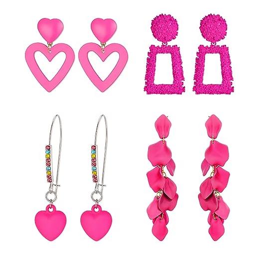 EVER FAITH 4 paia di orecchini rosa a forma di cuore rosa rosa orecchini geometrici da donna, acrilico