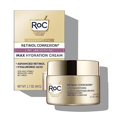 RoC retinol correxion max hydration anti-aging daily face moisturizer with hyaluronic acid, fragrance-free, oil free skin care for fine lines, post- acne scars, 1.7 ounces (packaging may vary)