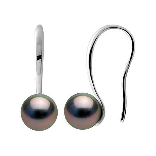 PEARLS & COLORS NATURAL FINE PEARLS pearls & colors - orecchini pendenti con vere perle coltivate di tahiti rotonde 8-9 mm - qualità a+ - argento 925, gioiello da donna