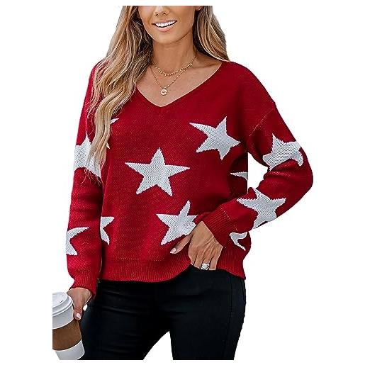 CUPSHE maglione natalizio da donna con scollo a v e stampa a stelle, borgogna, xs