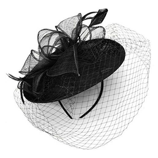 Caprilite piattino sinamay fascia fascinator wedding ascot cappello hatinator birdcage velo nero etichettalia unica