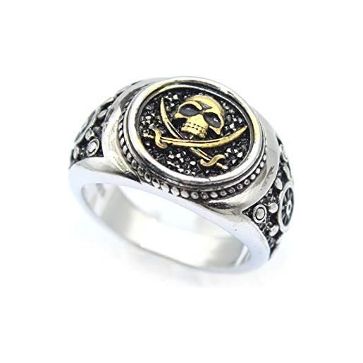 PikaLF anello da uomo teschio teschio con spade incrociate dei pirati antichi, anello totem teschio punk rock, anello amuleto teschio pirata gotico, anello da motociclista cranio, metallo