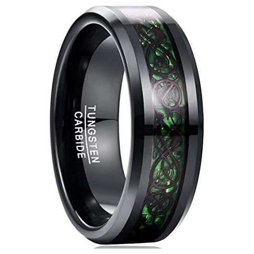 NUNCAD anello uomo/donna/unisex con motivo di drago in tungsteno memoria/compleanno rosso/blu/verde + nero 8mm taglia (27.5)