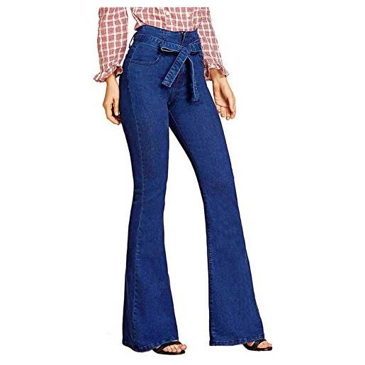 YOUCAI donna jeans a zampa pantaloni a vita alta elasticizzati, moda pantaloni a zampa di elefante, elegante cintura con fiocco, blu3, s