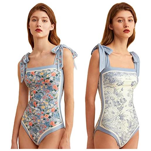 HIDRUO women floral one piece swimsuits, square neck reversible tie shoulder monokini, tummy control bathing suits (m, blue)