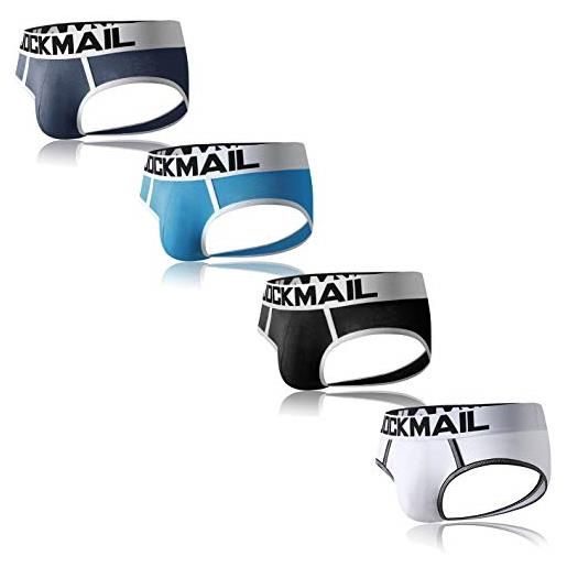 JOCKMAIL confezione da 4 slip da uomo sexy da uomo, confezione da biancheria intima da uomo in cotone super sexy, blu+bianco+grigio+nero, l