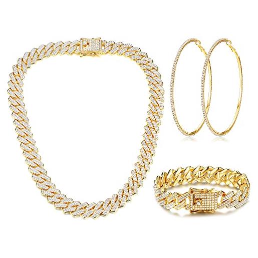 Roheafer set di gioielli donna collana e bracciale catena cubana set di orecchini a cerchio grandi con strass collana e bracciale con diamanti orecchini a cerchio grandi di cristallo per donna ragazze