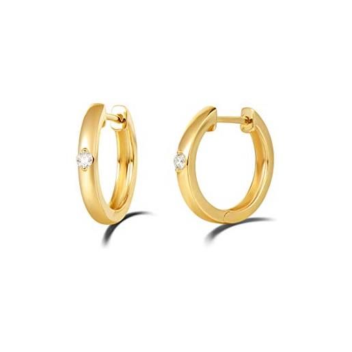FANCIME orecchini a cerchio donna in oro giallo 14kt (585) solido con gemma naturale diamante 0,05 ct gioielli - diametro: 14 mm