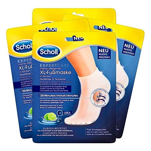 Scholl expert. Care pedimask maschera piedi xl nutriente e idratante con lime e urea clinicamente provato - 4 confezioni da 1 paio di calzini