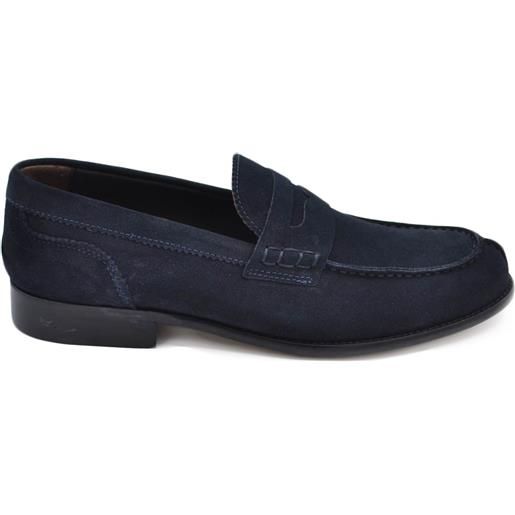 Malu Shoes scarpa college uomo originale cucitura sporgente a mano vera pelle scamosciata blu con fondo cuoio antiscivolo handmade