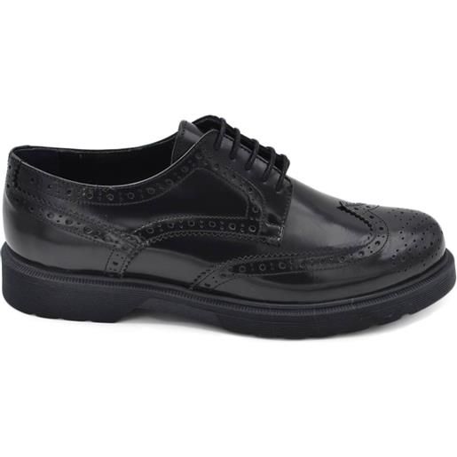 Malu Shoes scarpa francesina uomo oxford con cuciture in vera pelle abrasivata nera semilucida e fondo in gomma light made in italy