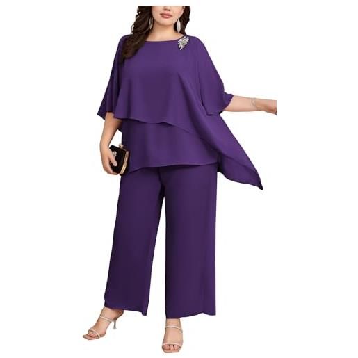 Hanna Nikole completo da sera elegante da donna, taglie forti, set da 2 pezzi, per cocktail party, festivo, con camicia in chiffon a due pezzi e pantaloni a vita alta, blu reale, 28 plus