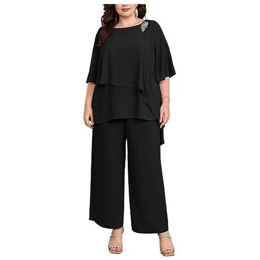 Hanna Nikole set di abiti da donna taglie forti in chiffon per serate, cocktail, party, elegante 2-pezzi set camicia e pantaloni a vita alta, blu pavone, 46 große größen